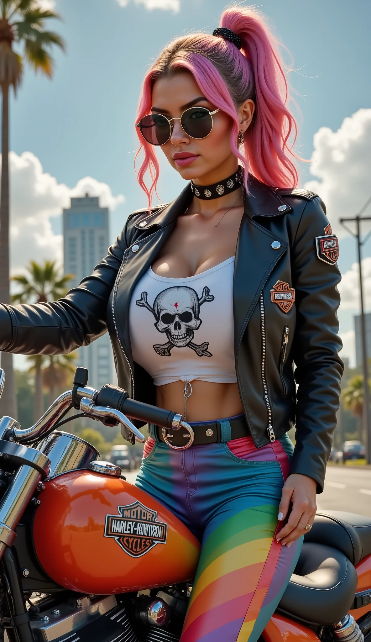 A HOT GIRL WITH RAINBOW HAIR, CHOPPER SUN GLASSES, A BLACK LEATHER JACKET WITH BIKER PATCHES, A WHITE SHIRT WITH A SKULL ON IT, RAINBOW STRIPE LEATHER PANTS, SPIKE BIKER BELT. SITTING ON A RAIBOW COLORED HARLEY DAVIDSON MOTOR CYCLE. HARLEY DAVIDSON MAGAZINE.
