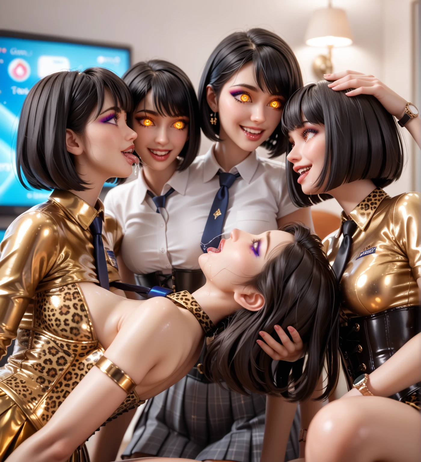 4 girls,    In extremely tight   , glittering ,  golden latex polo shirt     , bob cut,    black hair  , Lens reflection,    reflecting light   ,    high resolution ,    Masterpiece , Watch TV in the apartment , startled,      glowing eyes   , smile, saliva, salivafluss, salivaspur,   very strong makeup,   very strong glittering skin, corset, necktie,  
    pleated skirt   , Leopard print, kiss, Leaning head back  