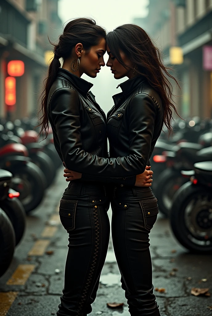 anatomically correct:1.3, 8K high resolution and sharp image. The image must be super original and complex, with a variety of beautiful and vibrant colors.(masterpiece, Best Quality),Incredibly beautiful young heterosexual couple kissing face to face on the streets, This illustration captures a beautiful radiant punk style., flowing hair... dressed in Mad Max style, He wears a leather pilot's cap adorned with intricate ornamentation, a torn leather jacket covering his torso adorned with numerous metal studs and ornaments. Her outfit is completed with punk-inspired pants and combat boots.....She poses dynamically and sensually..., her captivating expression, radiating an aura of confidence and defiance. The backdrop to this masterpiece is nothing short of epic....,at night, showing a destructive scene of apocalyptic explosions, 32K.of_DeepNegative_v1_75t