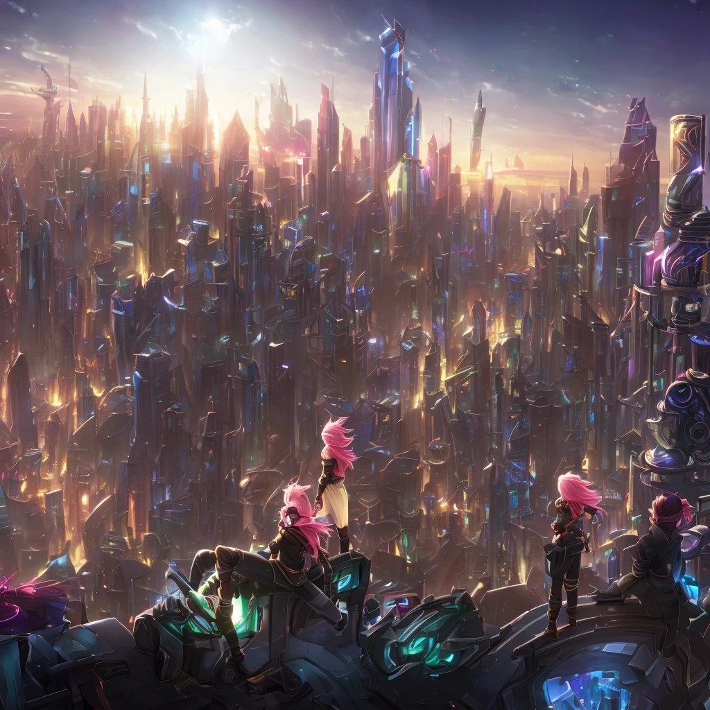 Lux and Ezreal, characters from League of Legends, holding hands in a vibrant, urban environment inspired by the Arcane animation style. The lighting is soft, with warm tones emphasizing their connection. Lux is smiling shyly, wearing her classic outfit reimagined in the Arcane style, with more realistic details and intricate textures. Ezreal stands confidently beside her, his messy blonde hair and modernized clothing true to his original design, also adapted to the Arcane aesthetic.

In the background, Zoe is subtly observing them with a jealous expression, her cosmic, glowing eyes shining brightly. She is partially hidden among the shadows and lights of the city, her colorful, voluminous hair illuminated by the vibrant cityscape.

The overall style of the scene is highly detailed, with visible textures, dramatic lighting, deep shadows, and artistic use of light to highlight the characters, evoking the emotional, dramatic, and magical atmosphere of Arcane