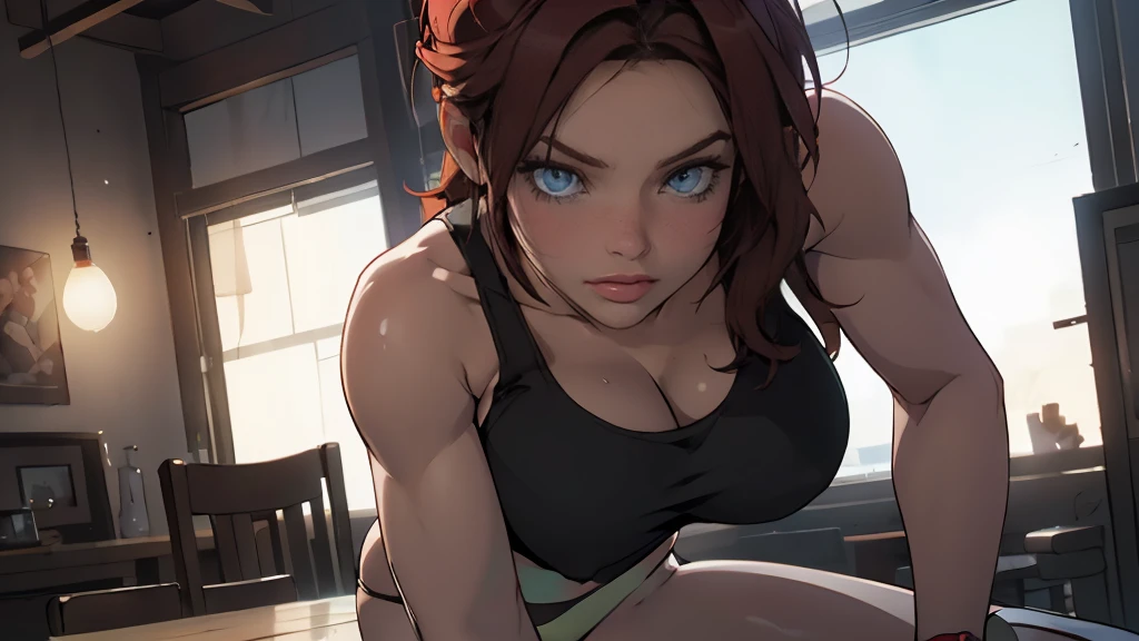 1girl, solo,  turangaleela, one-eyed, ponytail, tank top, black pants, cleavage, midriff,