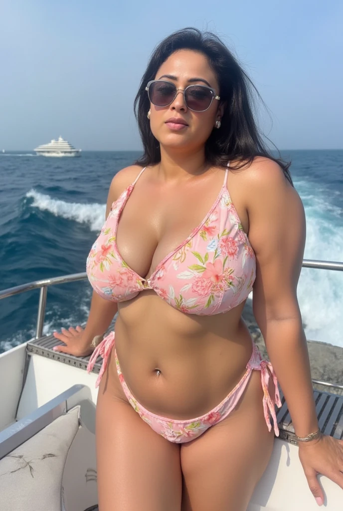 Beautiful Moroccan with dark brown eyes, 28 ans, woman in a swimsuit, Maillot de bain rouge, full body view, on a boat, almond eyes, oval face shape, plus size body, corps extra large, Corps XXL, high cheekbones, naturally wavy hair, high resolution, head of'artwork, best quality, intricate details, very detailed, acuity, detailed skin texture, Eye details, profession, 4K resolution, charming smile, shot with Conon, depth of field, kodak vision color, 100 kg, extremely detailed, photographie ultra réaliste ,photo realistic, Post-traitement, maximum detail, resembling, instagram model.