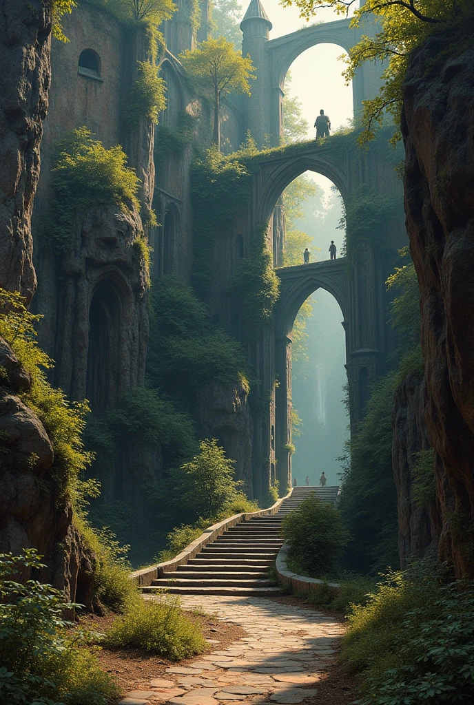 Awesome PAINTING ,Outside in nature , with awesome details ,in the style of BOSCH ,enigmatic,in a strange place ,with mysterious colossal and colored gothic staircases, with huge bridges ,very awesome gothic ,sublime VERMEER feeling ,very photorealistic !!