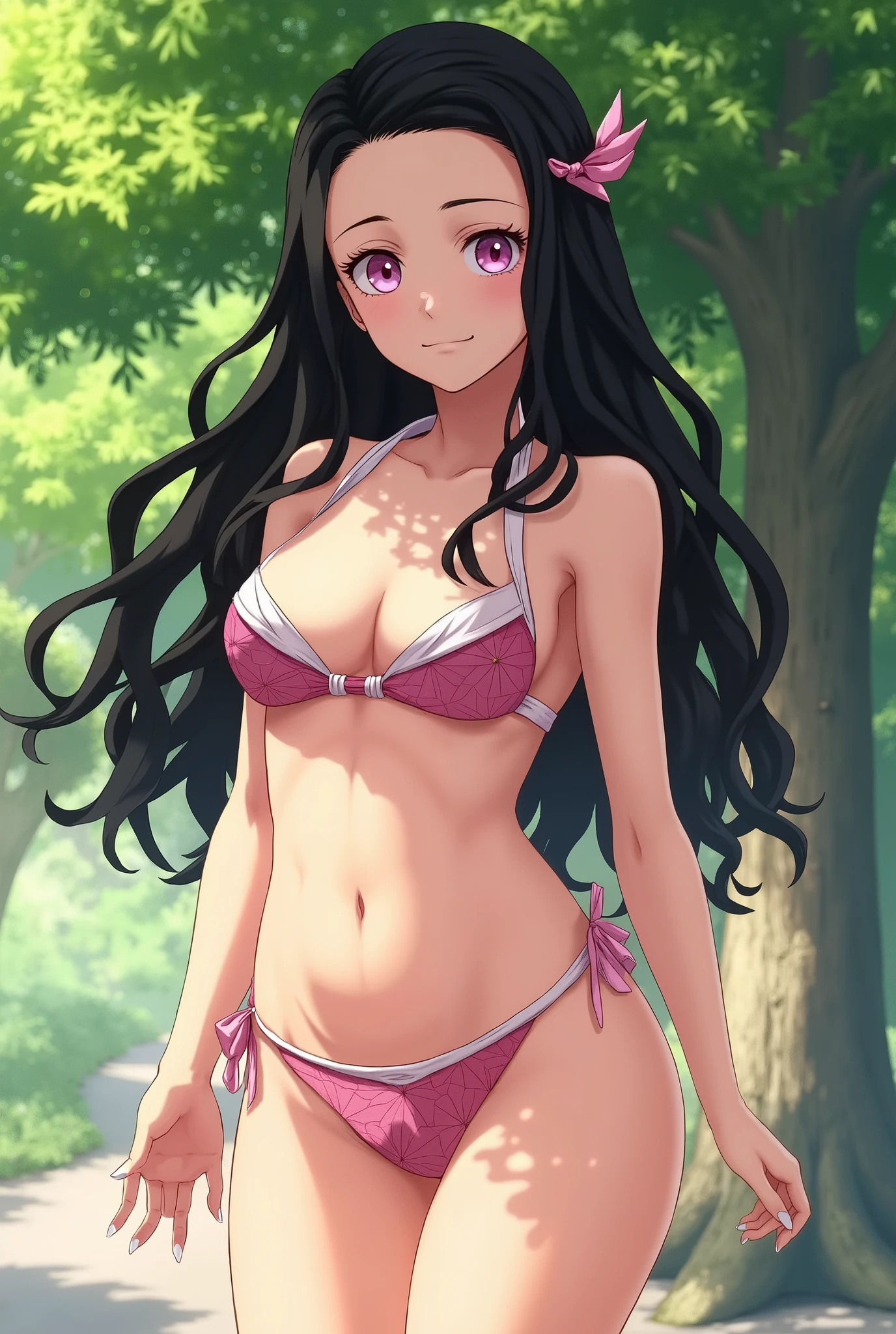beautiful Nezuko Kamado in bikini  (bikini) showing off her beautiful and defined body standing next to a tree