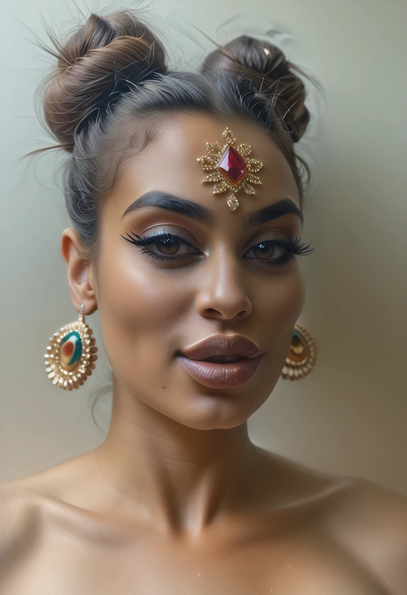 A stunning Indian supermodel face blending traditional and modern aesthetics. Flawless dusky skin with intricate bindi art on the forehead, bold eyeliner, and subtle nude lips. The hair is styled in a sleek bun adorned with delicate accessories. The background features a mix of cultural patterns and golden hues, reflecting sophistication and versatility.