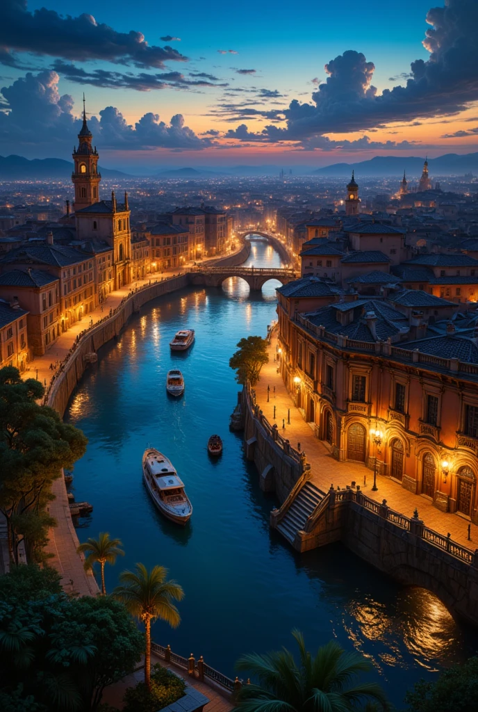 A latin city with a river in the middle of it at night , the canals