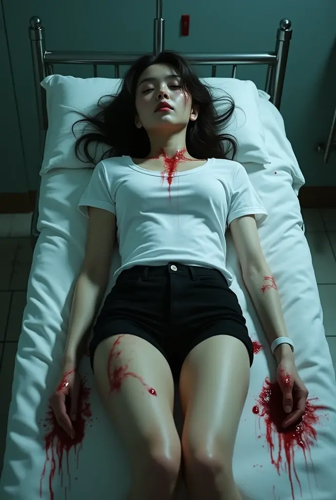Beautiful and hot korean woman, with beautiful body and legs, beautiful nose, thin face details, big , Sexy clothes white t-shirt and Black shorts, dead in morgue with a small whole in chest and Head by gunshots, blood dripping of The body, Closed eyes. ((Hiper detalhado)) ((Hiper realista)) ((4k Photo)) ((obra de arte))