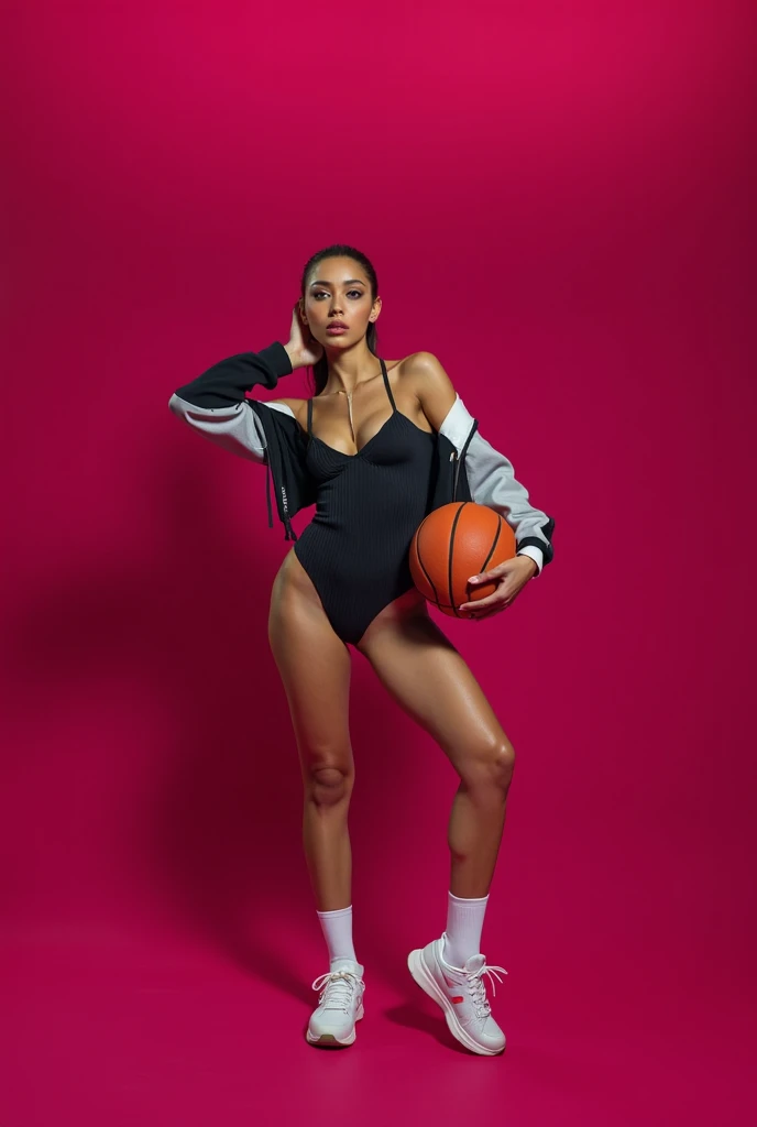  black woman with dream body with curly hair tied with baby hair in spider woman outfit with black shorts big nails manicured nails pose to take a photo and very happy