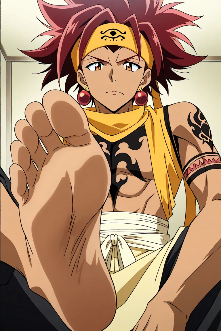 score_9, score_8_up, score_7_up, source_anime, rating_safe, Ajetail, 1boy, yellow Ajeel headband, red Ajeel earrings, black Ajeel tattoo, bare feet focus, anime screencap, yellow Ajeel cloth torso, Ajeel sand
He is showing his bare feet (soles) to us super closely tk the camera (our point of view)