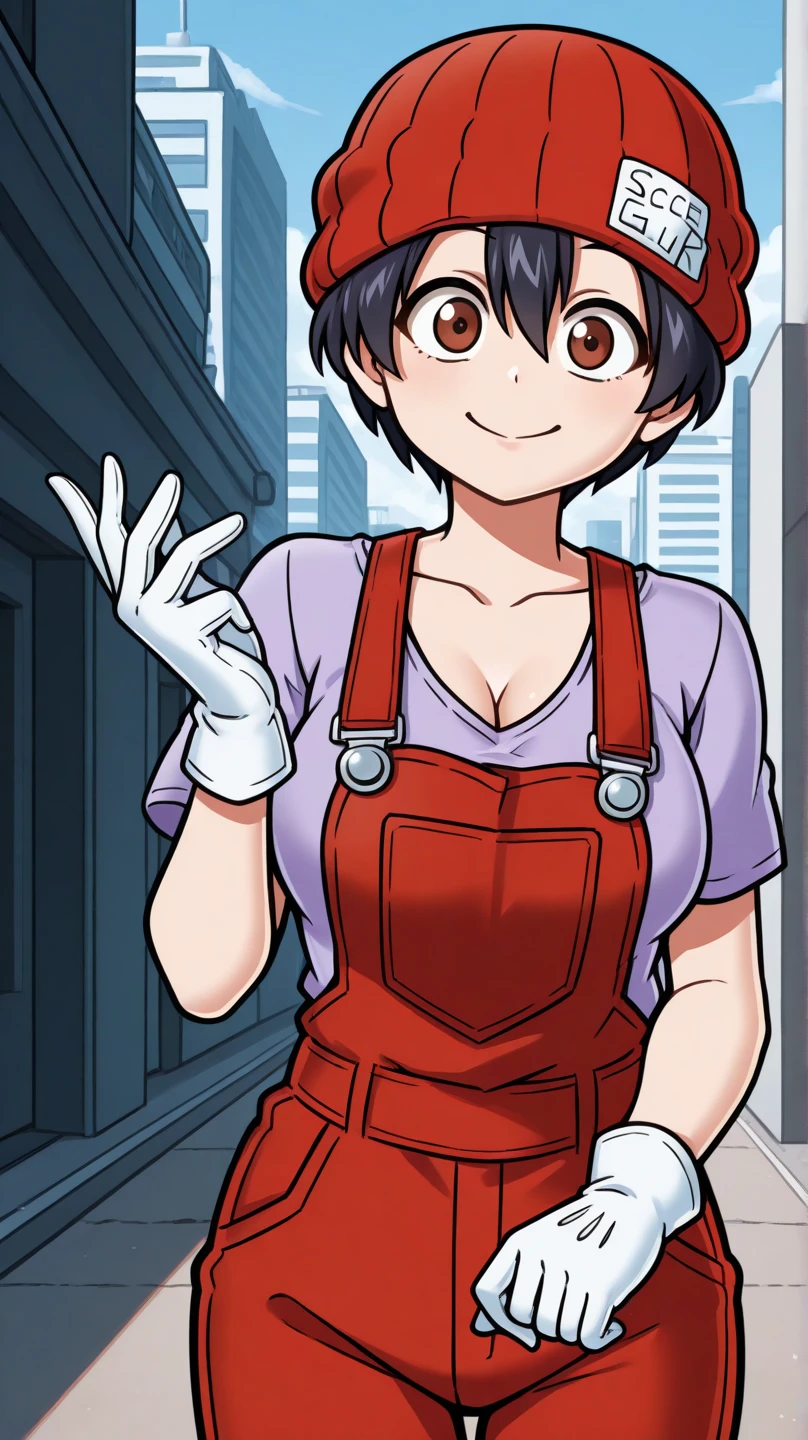 masterpiece, best quality, cowboy shot, solo, 1girl, izumo fuuko, smile, looking at viewer, adjusting gloves, short hair, black hair, hair between eyes, red headwear, beanie, brown eyes, two-tone, purple shirt, red overalls, short sleeves, white gloves, collarbone, cleavage, outdoors, city
