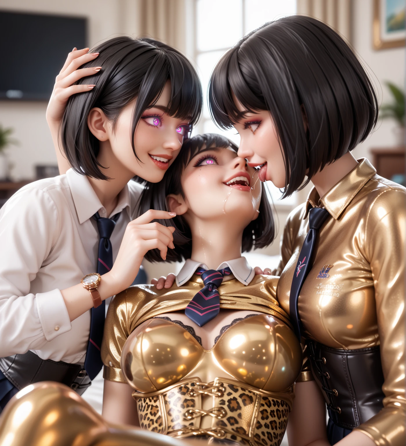 4 girls,    In extremely tight   , glittering ,  golden latex polo shirt     , bob cut,    black hair  , Lens reflection,    reflecting light   ,    high resolution ,    Masterpiece , Watch TV in the apartment , startled,      glowing eyes   , smile, saliva, salivafluss, salivaspur,   very strong makeup,   very strong glittering skin, corset, necktie,  
    pleated skirt   , Leopard print, kiss, Leaning head back  