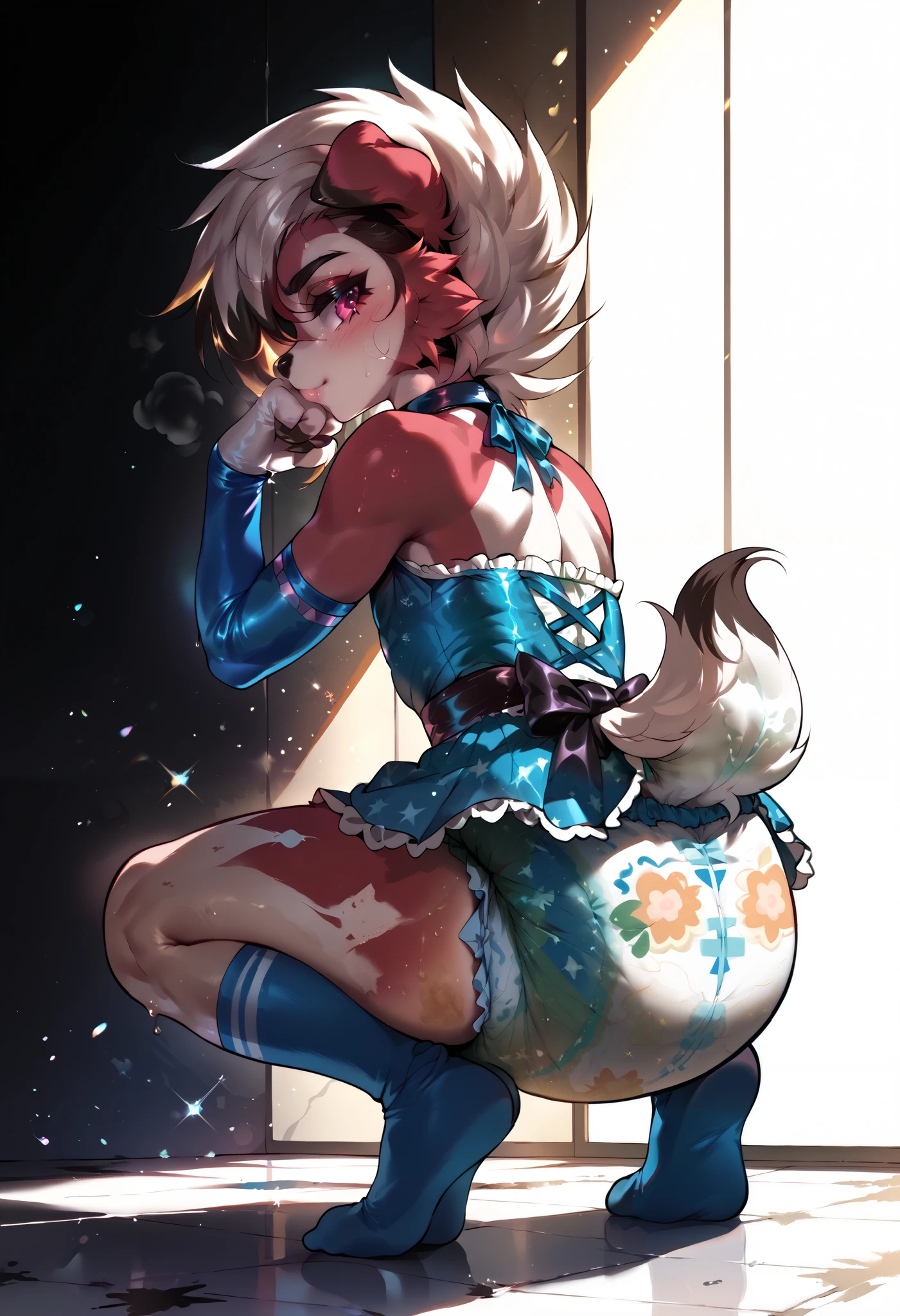 Male lycanroc squatting pose, wearing a dirty diaper, femboy, rear up, raised tail, long socks and arm warmers, dress, diaper under dress, grunting, blushing, messy diaper, wet diaper, stained diaper, side view
