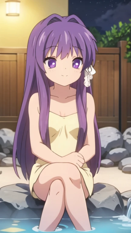  a girl, Alone, purple hair, long hair, sonrisa, onsen, night, crossing legs, foot fetish, bathing, naked towel, sitting, 