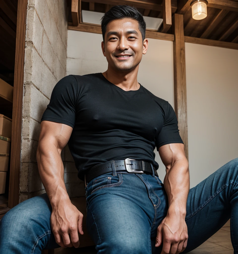 40 years old,Hidetoshi Nakata ,(Kogoro Mori 1.1),A muscular man kneeling,laughing out loud,Legs open,Thick chest hair,Wear a necklace,White lingerie,Moustache,masterpiece,HD,foot,Black socks,