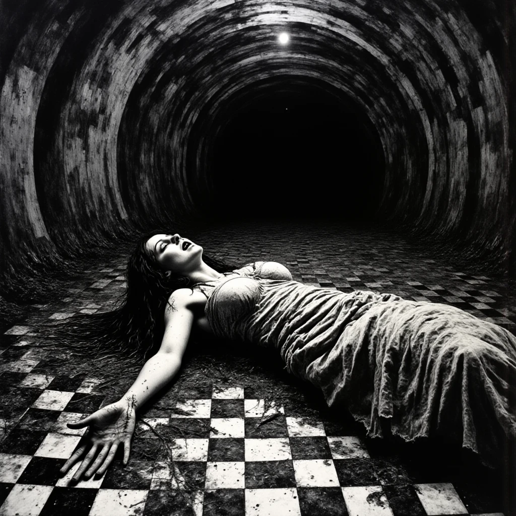 A deeply unsettling black-and-white underground scene of a woman lying sprawled on a grimy checkered floor, her body draped in tattered, her huge breast exposed by a massive cleavage, and the soaked fabric clings like a second skin. Her face is contorted in agony, and her hair spreads across the floor like dark tendrils. Surrounding her is a grotesque tunnel spiraling into the void, with fleshy, oozing textures that seem alive. The walls are cracked and stained, with symbols scratched violently into the surfaces. Subtle ink splatters and grainy distortions enhance the dark, surreal atmosphere, evoking dread and nightmarish isolation.