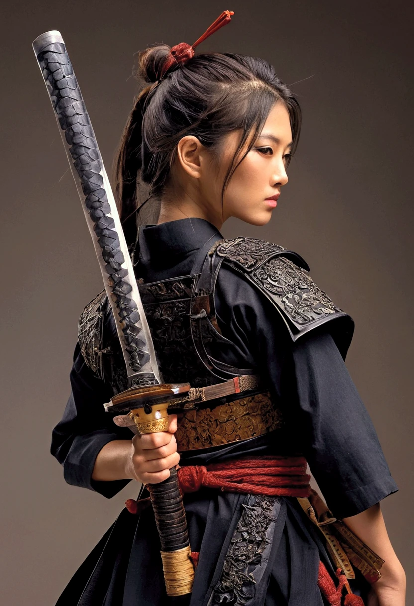 Beautiful badass samurai fighter, wears a samurai sword on her back, she has lingeri 