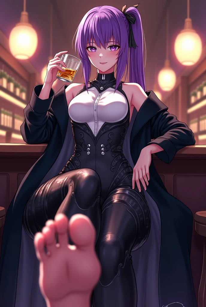 Create an ultra HD illustration of a captivating female character sitting on a stylish bar stool. She has long, flowing black hair with vibrant purple highlights and is adorned with bunny ears. Her attire exudes allure and sophistication, featuring a revealing black bodysuit complemented by fishnet stockings and high-heeled red shoes. She wears a luxurious purple fur-trimmed coat draped over her shoulders, adding a touch of elegance.
Her confident, swag attitude is accentuated by her playful expression and the way she casually holds a glass of champagne in her gloved hand. A striking purple tattoo adorns her chest, matching the theme of her overall look. The character should be depicted with meticulous attention to detail, using vibrant and contrasting colors to highlight her bold and charismatic personality. The background can be minimalistic, ensuring the focus remains on the character and her distinctive, stylish appearance