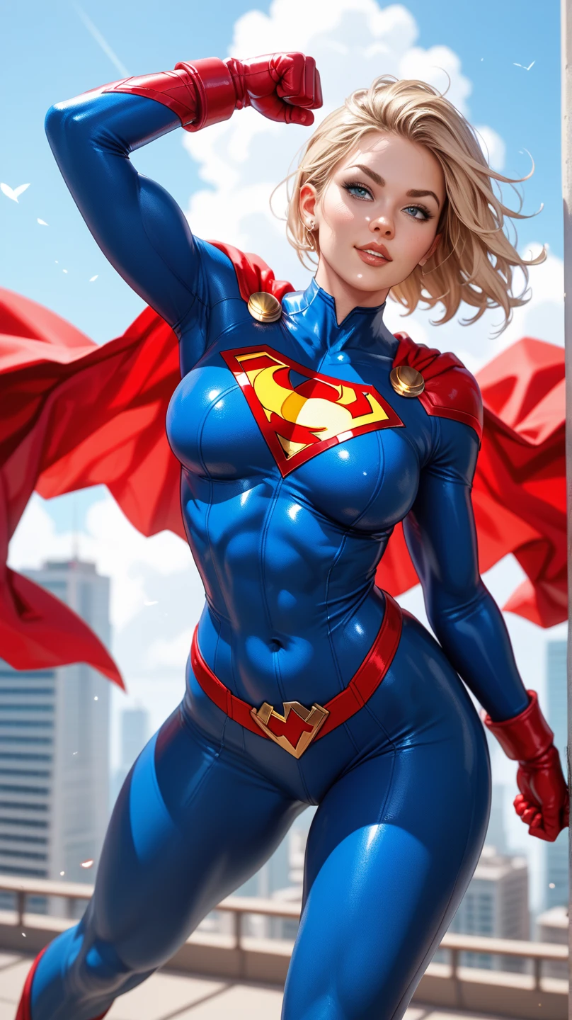 Lara Lane Kent as super girl, toned abs, hyper muscular body, sparkling blue eyes, hyper protruding muscular arms, large protruding biceps, Black hair too short, pixie cut, messy hair, her costume is a darker shade of blue than previous live-action versions of the character, and features a prominent red "S" symbol on the chest and a red cape,  attractive face, perfect eyes, beautiful eyes, on top of a building.