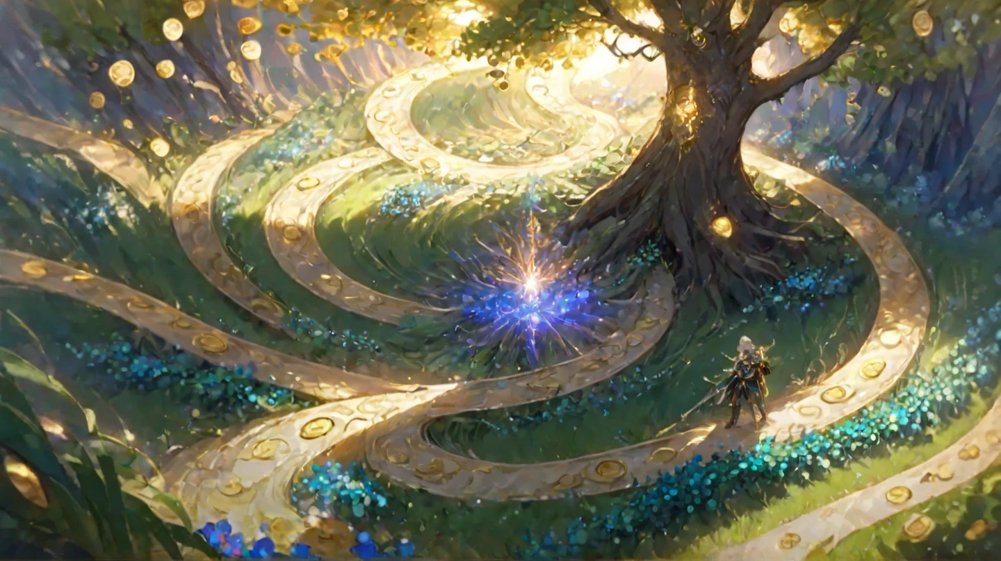 Best quality，A tree is surrounded by vines，The tree is surrounded by gold coins Vast Field: Illustrate a vast field with a backdrop of clear blue skies. Coins: Include images of various coins likand other coins growing on the field. Natural Landscape: Incorporate natural elements such as trees, green hills, and a sunrise casting a golden glow on the coins. Pathway: Depict a winding pathway traversing the field, indicating directions to explore various opportunities. Character: Add an image of a man looking forward with enthusiasm, embodying the spirit of adventure and exploration in seeking prosperity