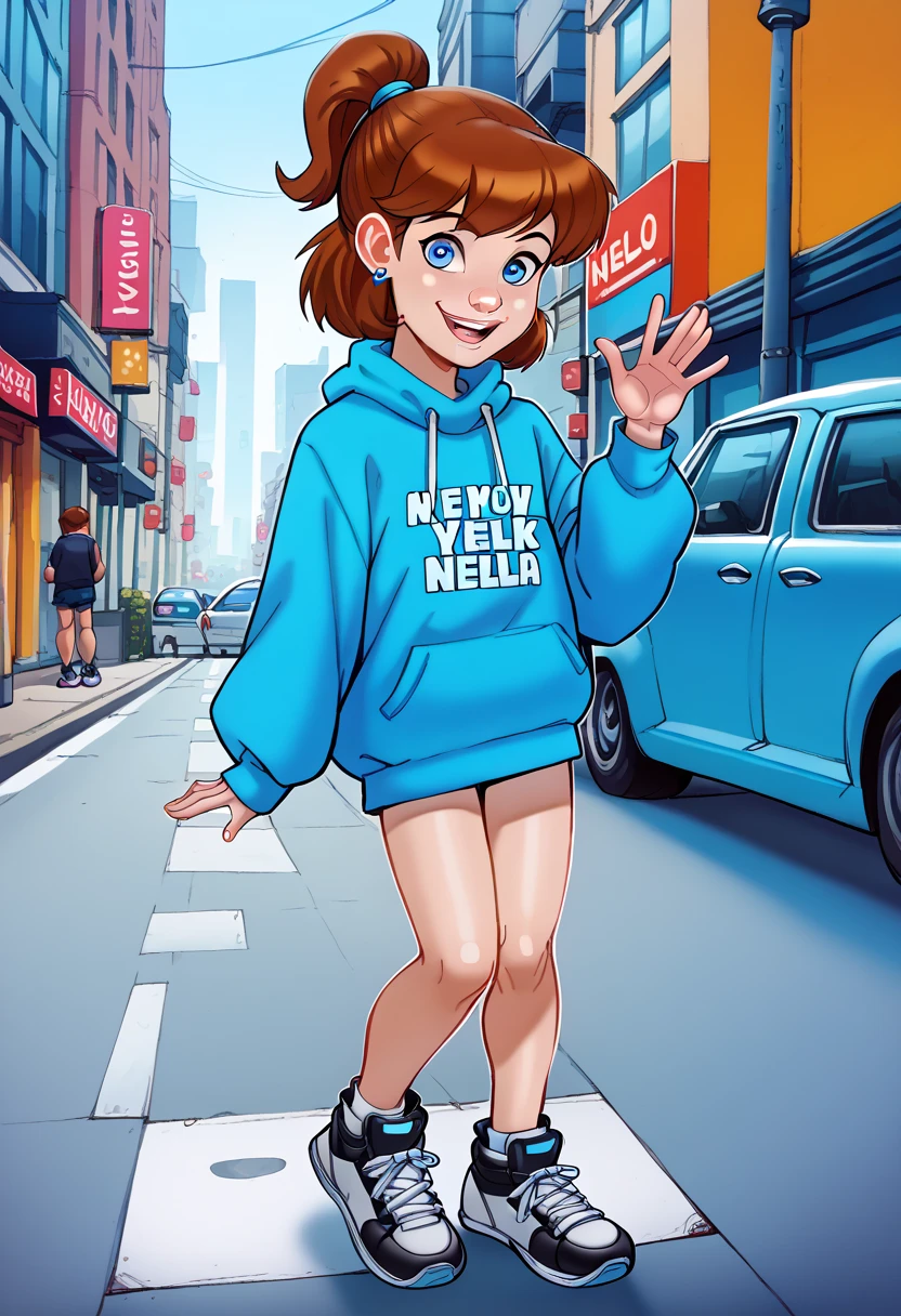 Andystyle, 1girl, full body, solo, jenny, brown hair, ponytail, blue eyes, earrings, Cute Smile, ((New York)), Waving Her Right Hand, Saying Hello