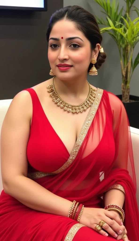 Indian beautiful woman sexy bhabhi, Sleeveless blouse,very deep cleavage,curvy plus size model wearing transparent red color saree with golden border ,Red satin glossy sleeveless blouse, plenty gold bangles in hand,Golden choken in neck,bindi on fore head,facing to camera in sitting on a couch in newsroom studio giving interview,with her curvy legs,curvy plus size figure,big large m-cup breasts, deep cleavage, huge breasts, side bun hairstyle, bright eyes, thin eyebrows, fair skin, blushing cheeks, prefect ,head to thighs view, head to thigh view, bright sunlight, Background giving interview 