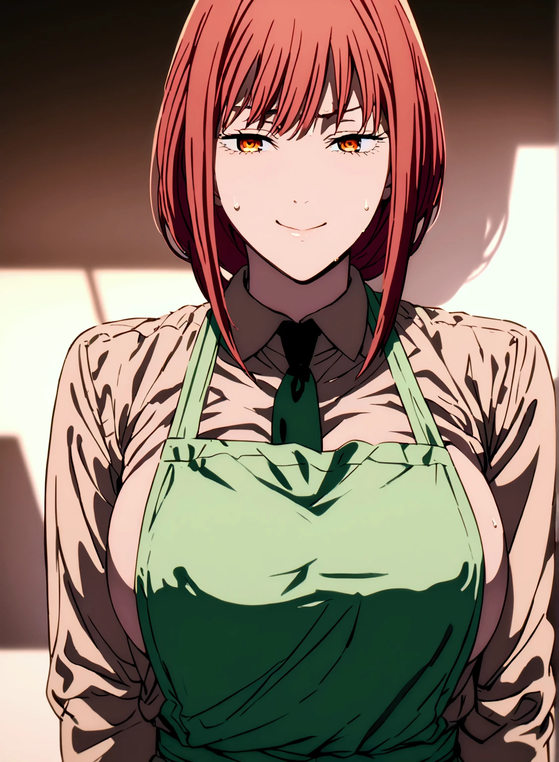 Makima from the anime chainsaw man all sweaty big boobs and wearing apron and looking to the camera with a naughty face and heavy breathing and sweating from hot