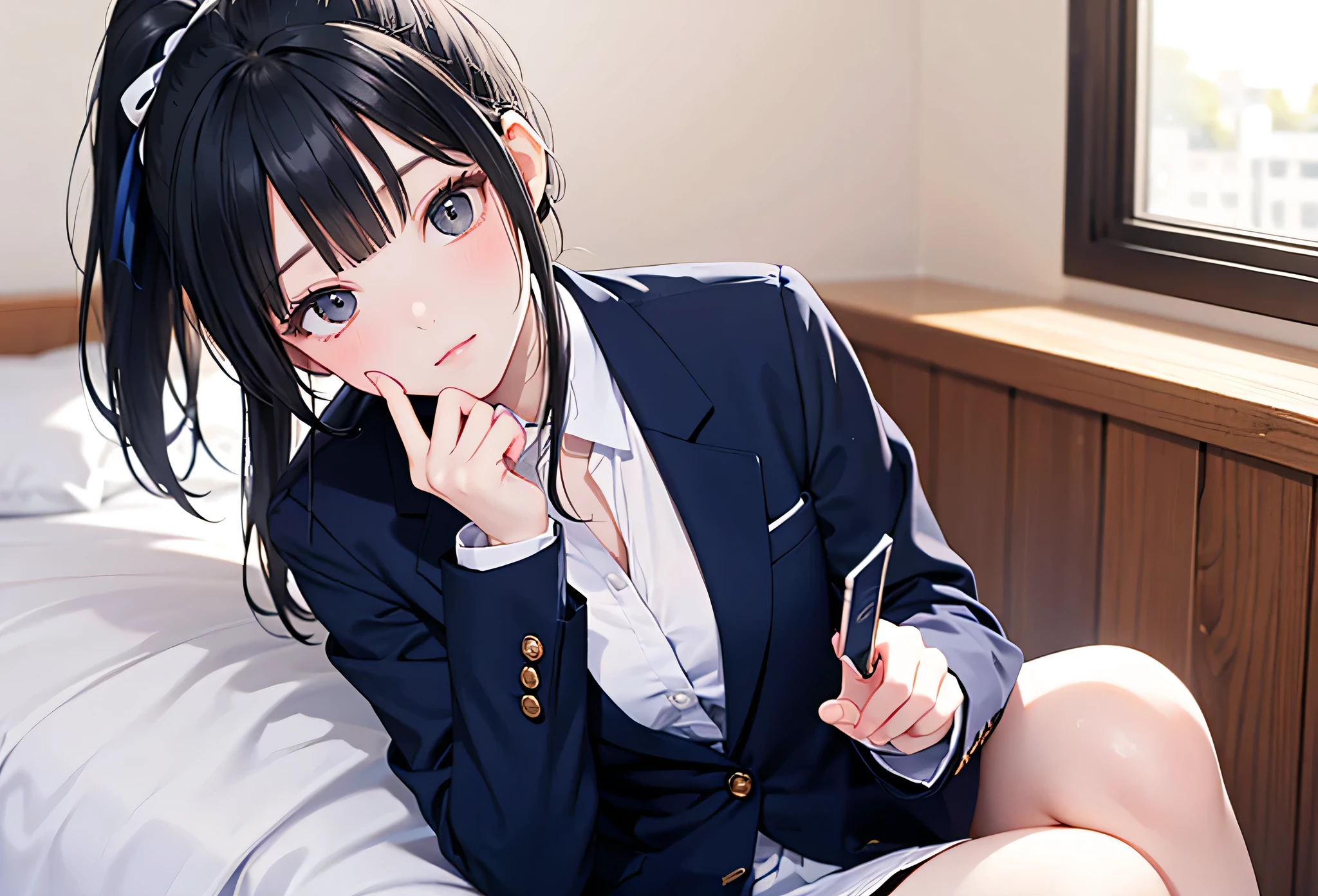 Sitting on the bed in her room, she tilts her head and puts her index finger on her chin, looking up and thinking. She is a high school girl with black hair in a ponytail. She is wearing a navy blue blazer with a ribbon.