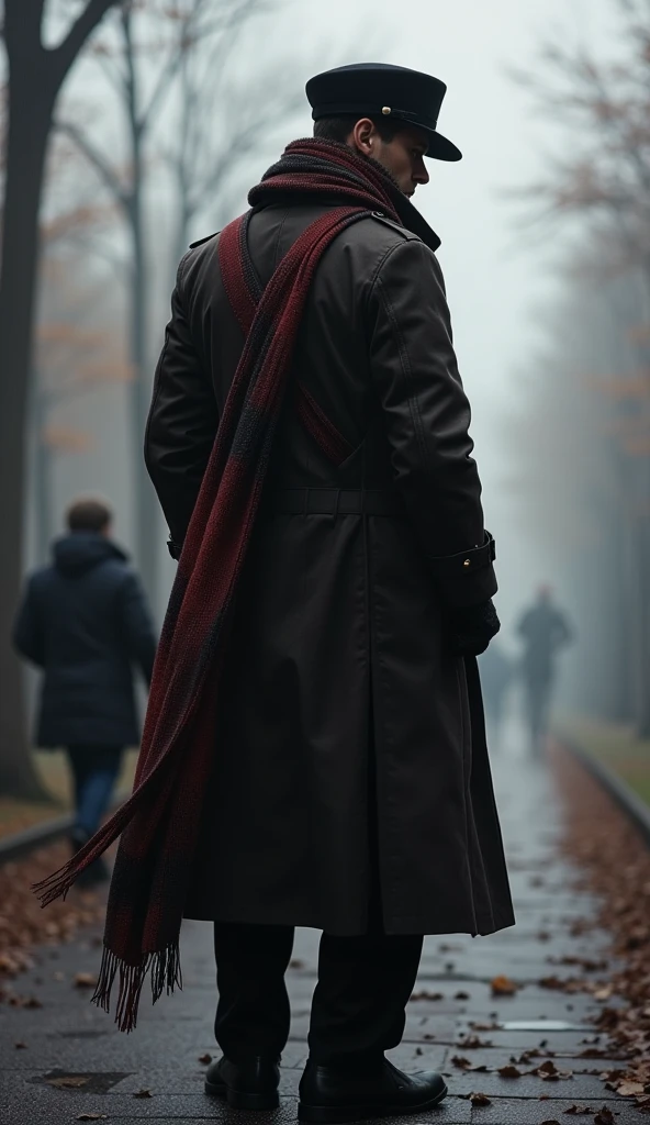 A completely invisible man with his back turned 、 wears an unhooded trench coat,  A beautiful scarf accentuates its presence ,  create a back that tells the story of a journey full of sorrow , The support of friends without substance 、 will ensure the warmth of the trench coat 