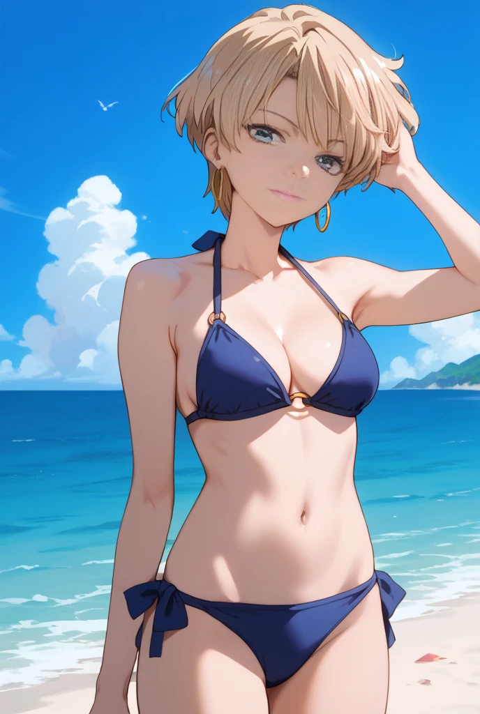 realisitic、top-quality、 1 人、a blond、Natural eye color、Shy face、Fancy Micro Bikini、front-tie bikini top、beautiful boob 、Dark night pool、Particles of light、profetional lighting、llight rays、wall-paper、