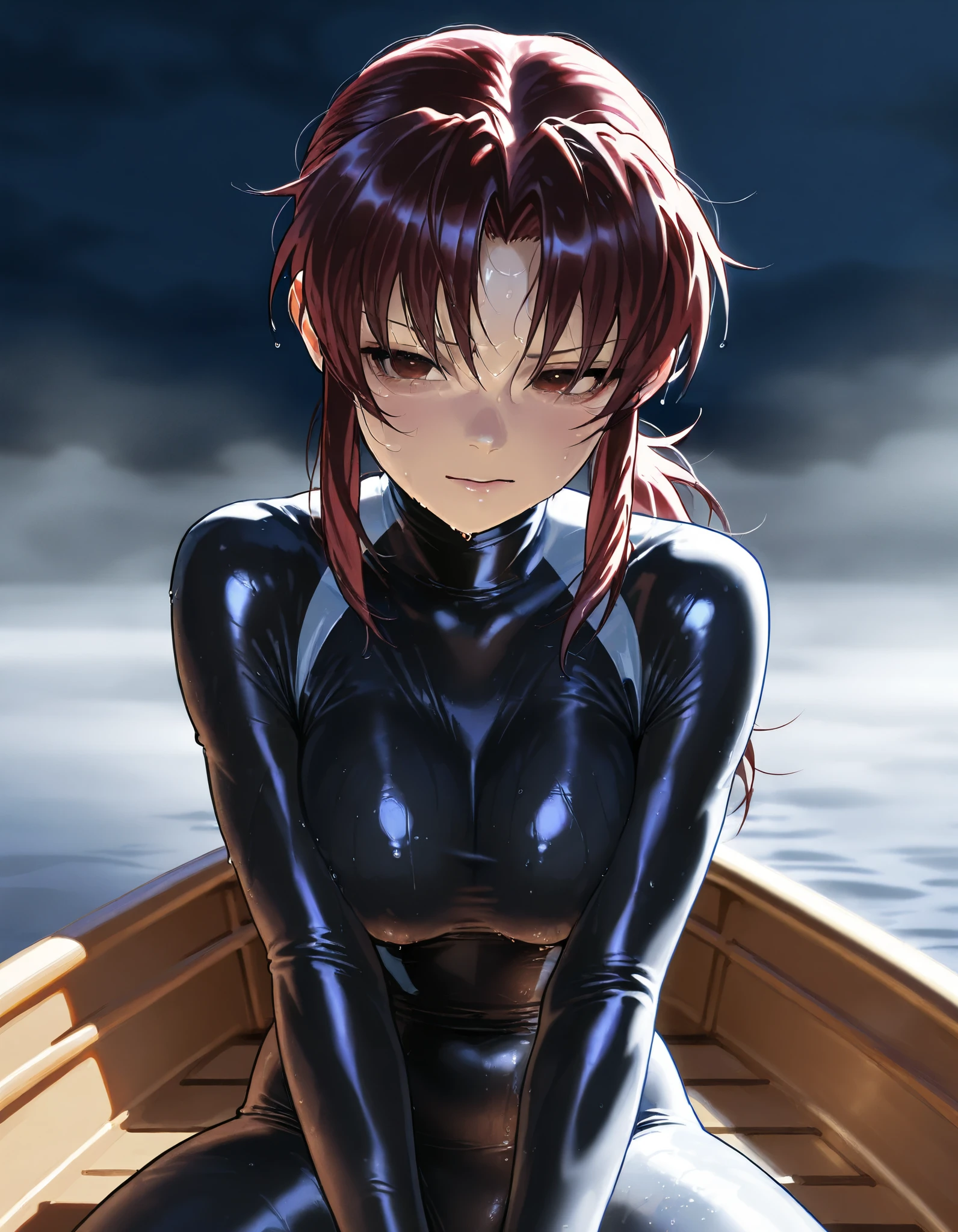 ; Artist : , Nyalia、skin-tight diving suit、nice realistic medium Breasts、nsfw, On a boat, at night, fog, , Revy 、messy ponytail, , nsfw, Revy black lagoon,  1girl, 、sassy , young Woman、,,  sweaty, godlike rendering, soft shading, soft skin ,