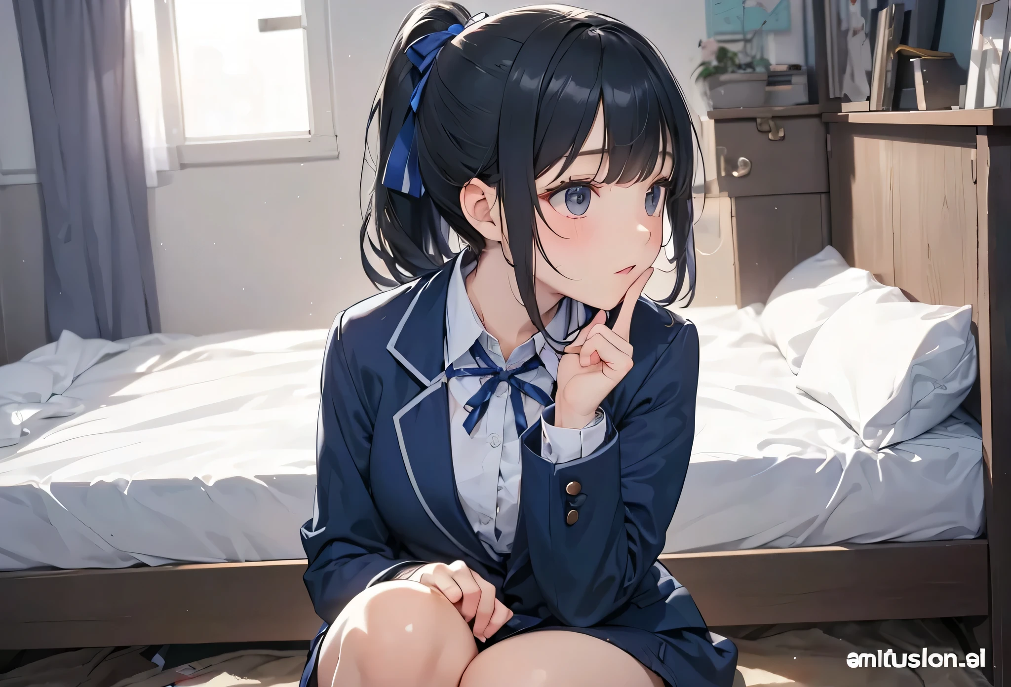 Sitting on the bed in her room, she tilts her head and puts her index finger on her chin, looking up and thinking. She is a high school girl with black hair in a ponytail. She is wearing a navy blue blazer with a ribbon.