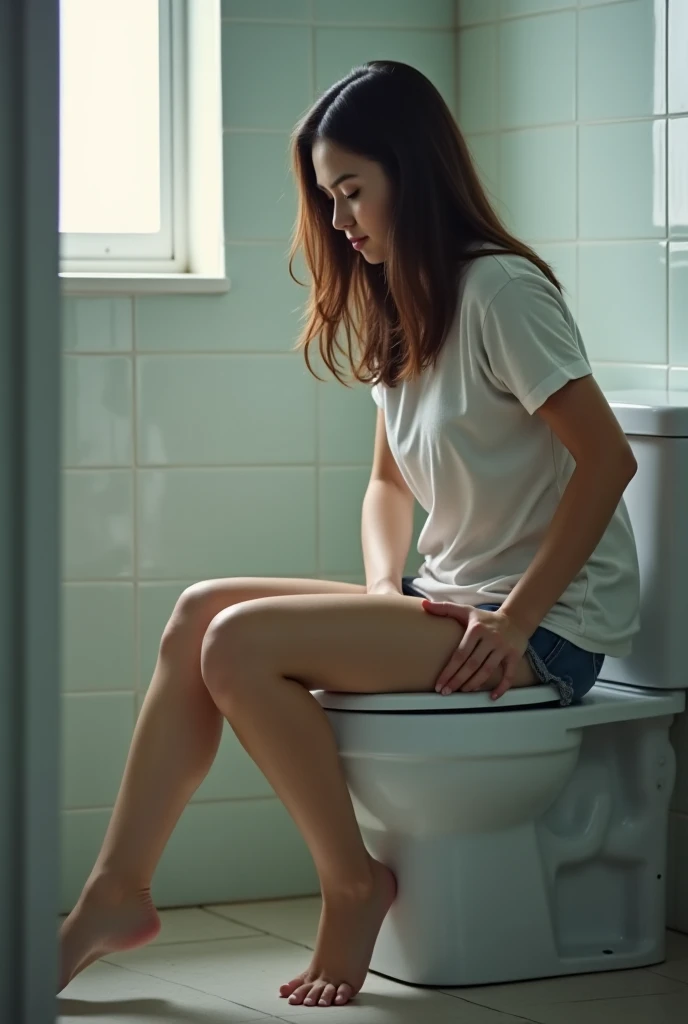 nsfw、Highest quality,4K, 8k, High resolution, (Tabletop:1.5), Very detailed, (Realistic ,Realistic ,Photorealistic:1.8), One Girl, (Perfect body :1.8), Very detailed face, Detailed lips, Detailed eyes, Sexy double eyelids, Beautiful attention to detail, Beautiful lip detail, Black Hair、Short Bob、Sticking out tongue、Open your mouth、Nipples are visible、Upper body naked、Lower body naked、No clothes、A girl desperately trying to relieve herself、(Correct anatomy of the fingers)、(Separate hands and feet々Draw on)、so beautiful、Ideal ratio、Natural Breasts、Very stylish、(On top of a Japanese-style toilet bowl:1.37)、(Squat with your legs wide apart:1.37)、(Embarrassed look:1.4)、photograph、Very detailed、Bright colors、Soft lighting、