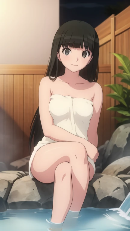  a girl, Alone, black hair, long hair, sonrisa, onsen, night, crossing legs, feet, bathing, naked towel, sitting, 