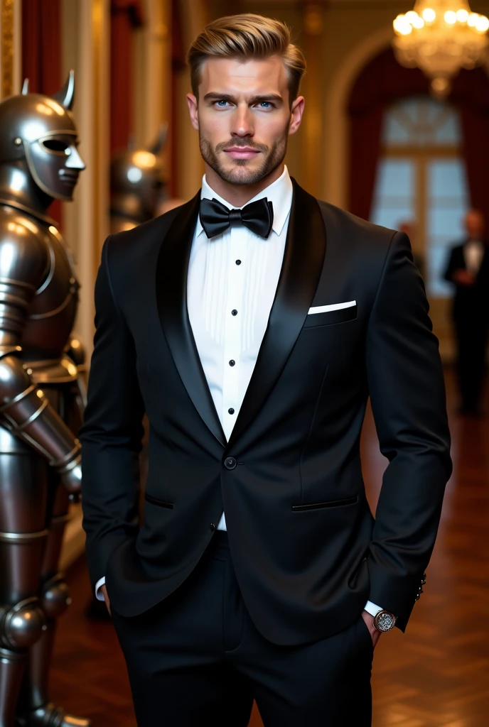 1male people,((hyperrealistic detailed)), Black suit and black pants,white  shirt,a smile,Black eyes,portlate, globalillumination, Shadow, octan render, 8k, ultrasharp,metal,Convoluted