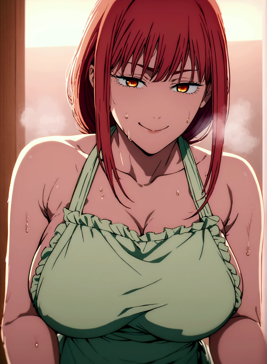 Makima from the anime chainsaw man naked all sweaty big boobs and wearing only a apron and holding a **** bottle and looking to the camera with a naughty face and heavy breathing and sweating from hot