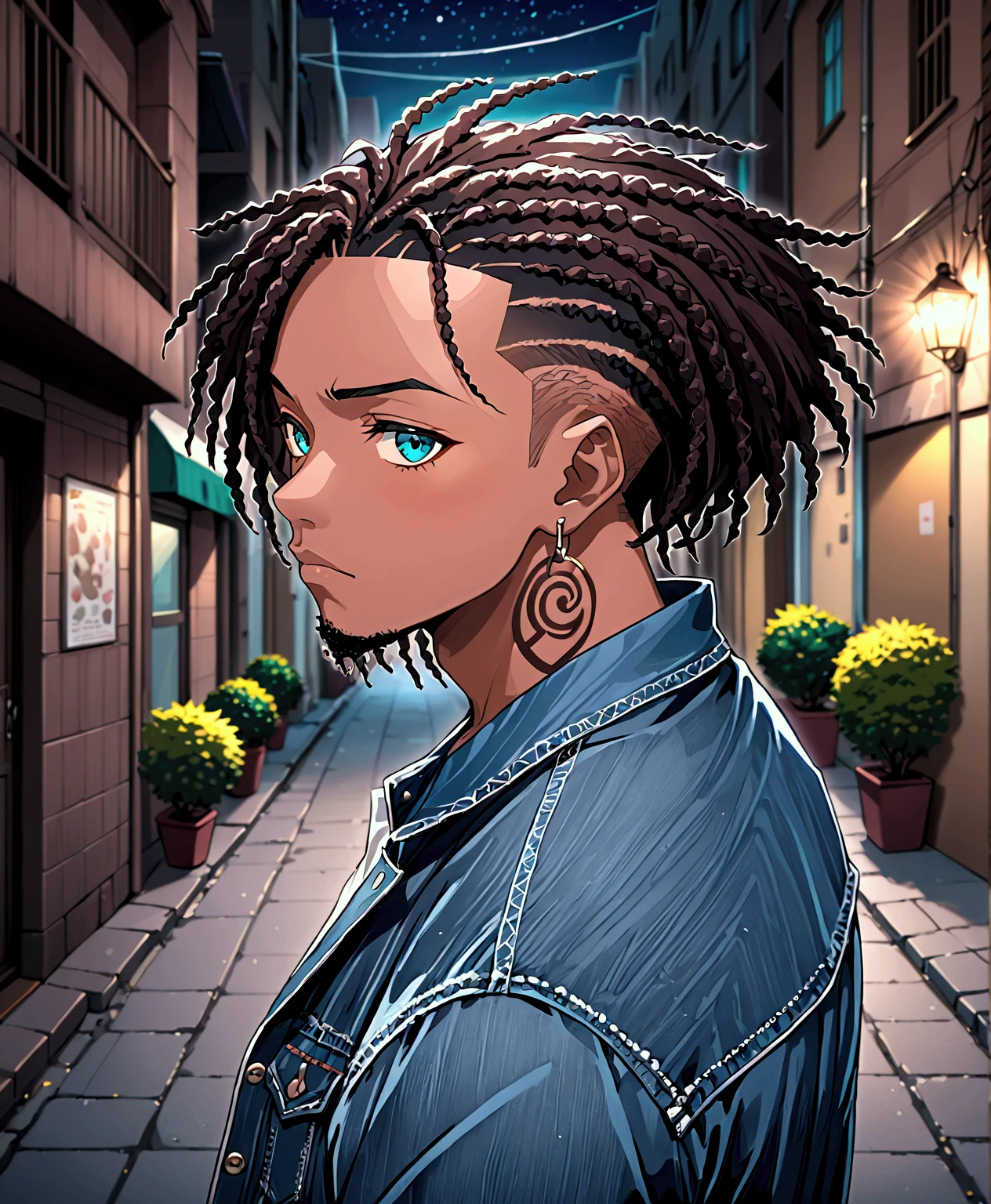 (foco frontal), (8k, 4k, intricate),(closeup-shot:1), (highly detailed:1.2),(detailed background:1.2, alleyway, city background, night time), Masterpiece, best quality, {best quality}, {{masterpiece, anime art style}}, {highres}, black hair, goatee, turquoise eyes,focus, anime style, an close up of a dark skinned man with dreadlocks and a denim jacket,tattoos on his neck , inspired by The Boondocks, African American male black anime art, trigger anime artstyle