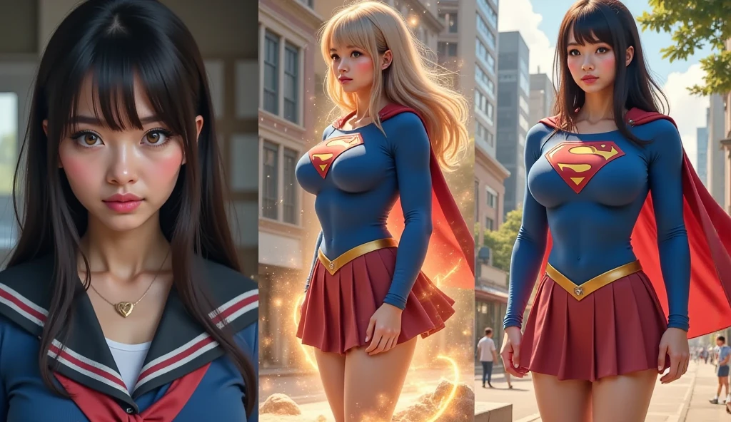 A SEXY MATURE ASIAN JAPANESE SCHOOL GIRL WITH BLACK HAIR AND GREEN EYES. WATCH IN THIS 3 STAGE TRANSFORMATION AS THE SUPER SERUM TAKES EFFECT AND TRANSFORMS THE SCHOOL GIRL INTO SUPERGIRL. FIRST FRAME SHE IS WEARING HER ICONIC BLACK AND WHITE SCHOOL GIRL UNIFORM, IN THE SECOND FRAME HER SCHOOL GIRL UNIFORM OPENS AS HER BODY GROWS AS HER EYES TURN BLUE AND HER HAIR TURNS BLONDE AS POWER SURGES THROUGH HER, IN THE FINAL FRAME THE JAPANESE GIRL NOW WITH LONG BLONDE HAIR IS WEARING A COMPLETE BLUE SUPERGIRL COSTUME WITH THE "S" EMBLEM, RED SKIRT AND RED CAPE. PHOTO-REALISTIC, 4K, HIGH RES.