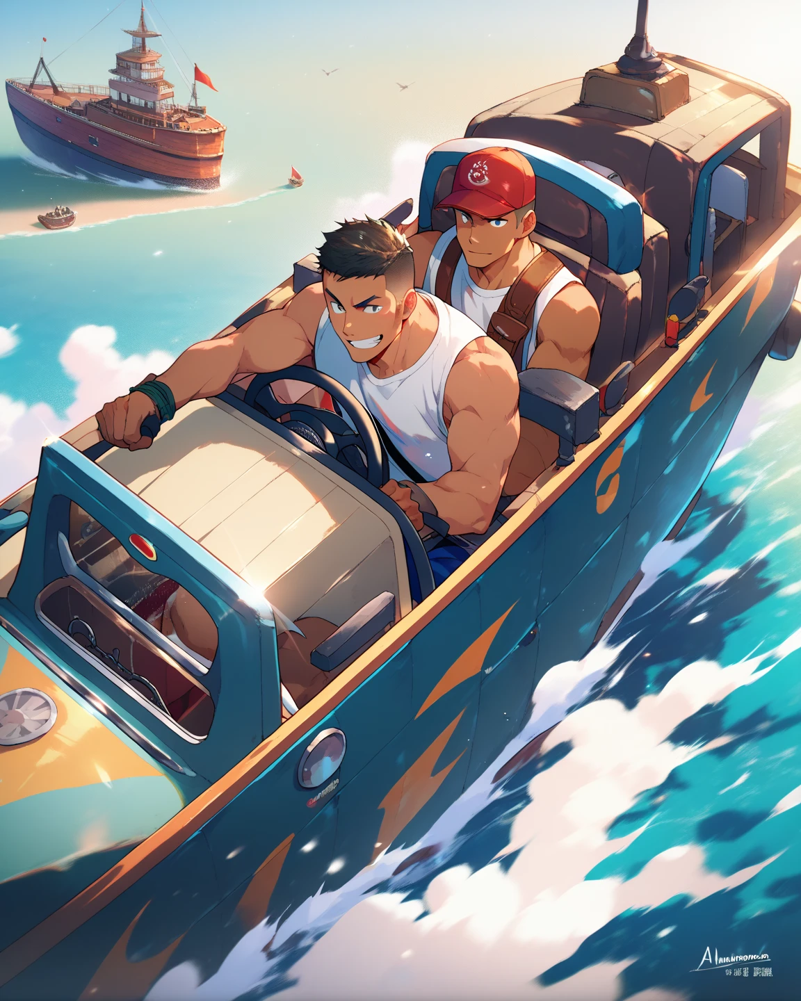 nsfw,high quality,masterpiece,dark tan,,man,crew cut,muscle,アロハシャツ、cap,driving ship