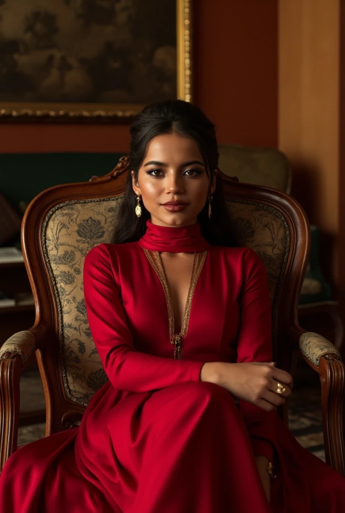 Isabela Merced,hair bun,red turtleneck robe dress with gold details,sitting on a wood armchair,in a italian manor livingroom