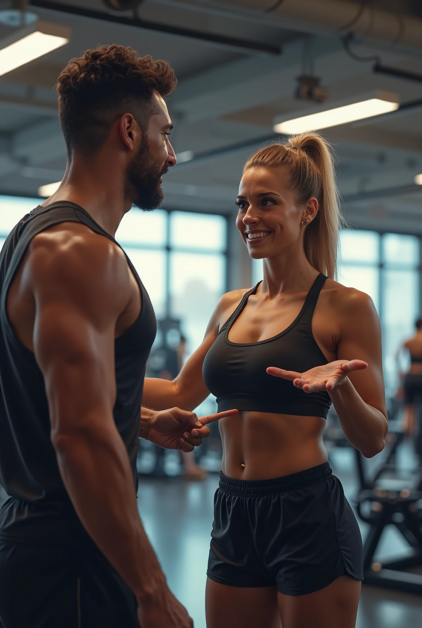brunette and voluptuous girl, of Spanish descent, at the gym talking to a man, 4K, highly realistic
