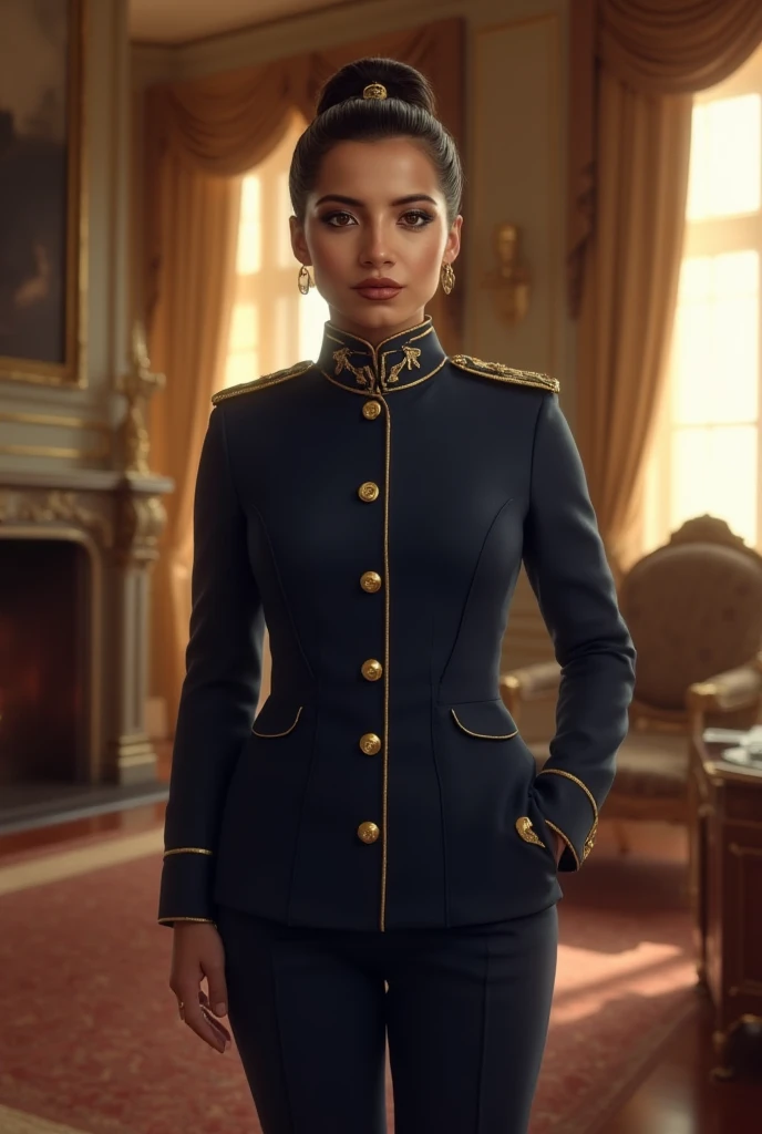 Isabela Merced,hair bun,dark blue  highranked uniform with gold details,in a italian manor livingroom