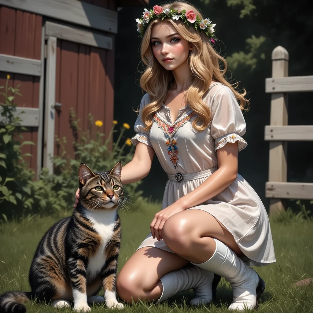  photorealistic image ukrainian woman with very long blond hair, wreath on the head of wildflowers . light ethnic short very transparent dress with embroidery. in the barn . full height. kneeling cancer . in front of her a cat 