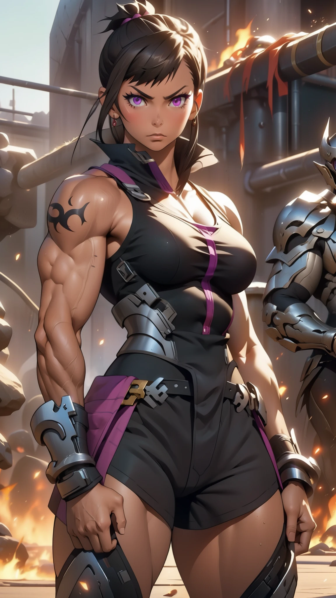 Muscular girl, thin waist, toned body, big breasts, thick thighs, whitish skin, dark hair, purple eyes, sad muscular、 Fire Force、Maki