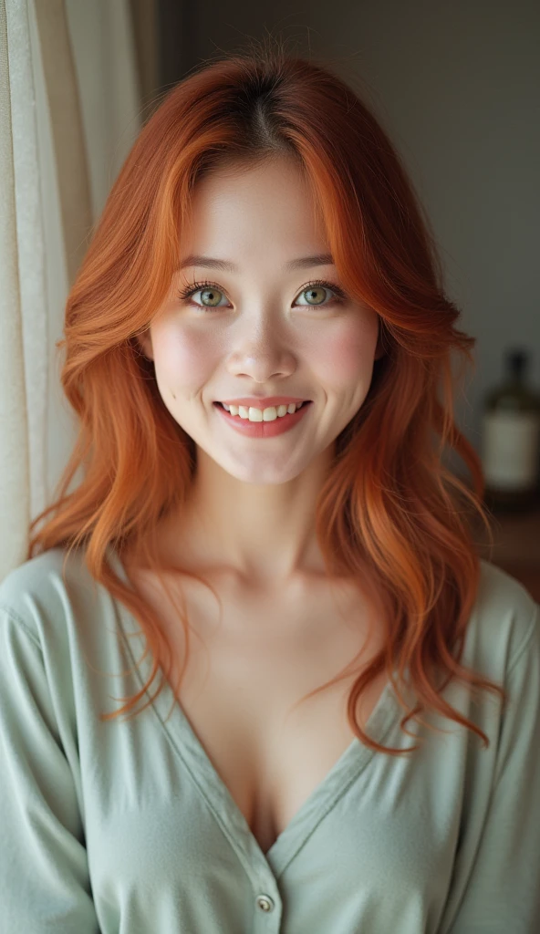 Raw photo, (japanese woman, solo), (medium breasts), (redhead, green eyes), (casual clothes), smile, 