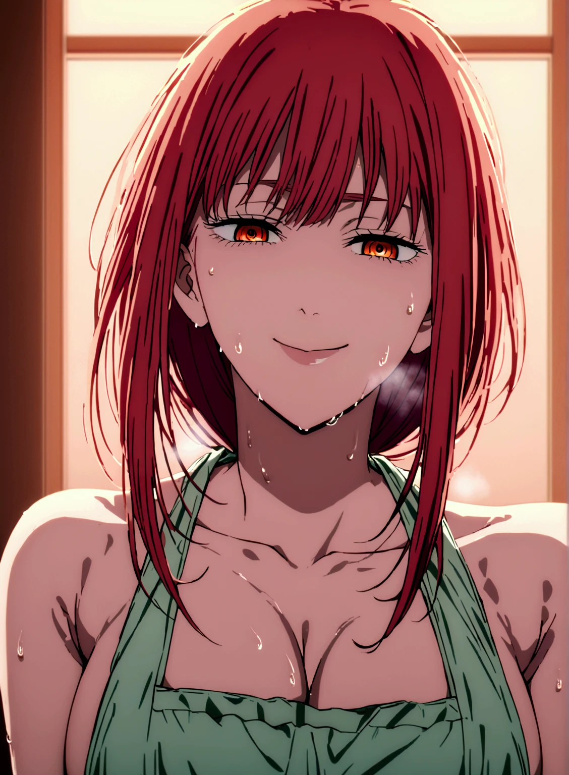 Makima from the anime chainsaw man naked all sweaty big boobs and wearing only a apron and holding a **** bottle and looking to the camera with a naughty face and heavy breathing and sweating from hot