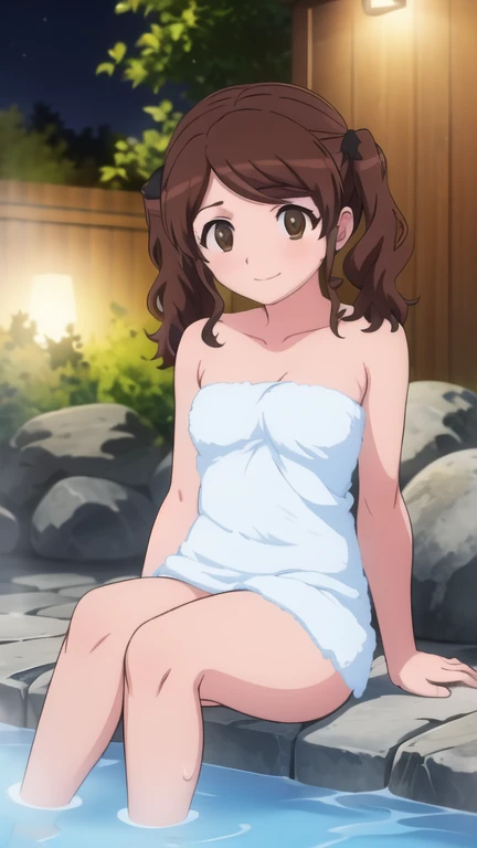  a girl, Alone, dark brown hair, twintails, sonrisa, onsen, night, crossing legs, foot fetish, bathing, naked towel, sitting, 