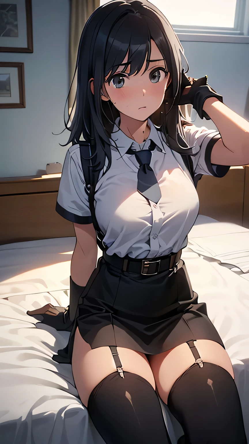 High Quality , Masterpiece, ultra high definition, ( realism: 1.4), oil painting style , movie lights, , I stood on an empty asphalt road watched it.., 、 Flying Crane Hanging Leather Big Breasted Small face lying on the bed looks up at the sweat belt buzzer 脇sweat black hole gloves suit miniskirt garterbelt Footlink ズボンのbelt place hs on back restless expression looks up at the restless expression Knee-length knee socks Knee-length socks garter belt garter Garterbelt on thighs, place hs on back limit hcuffs Cable ties Cable ties on thumbs big