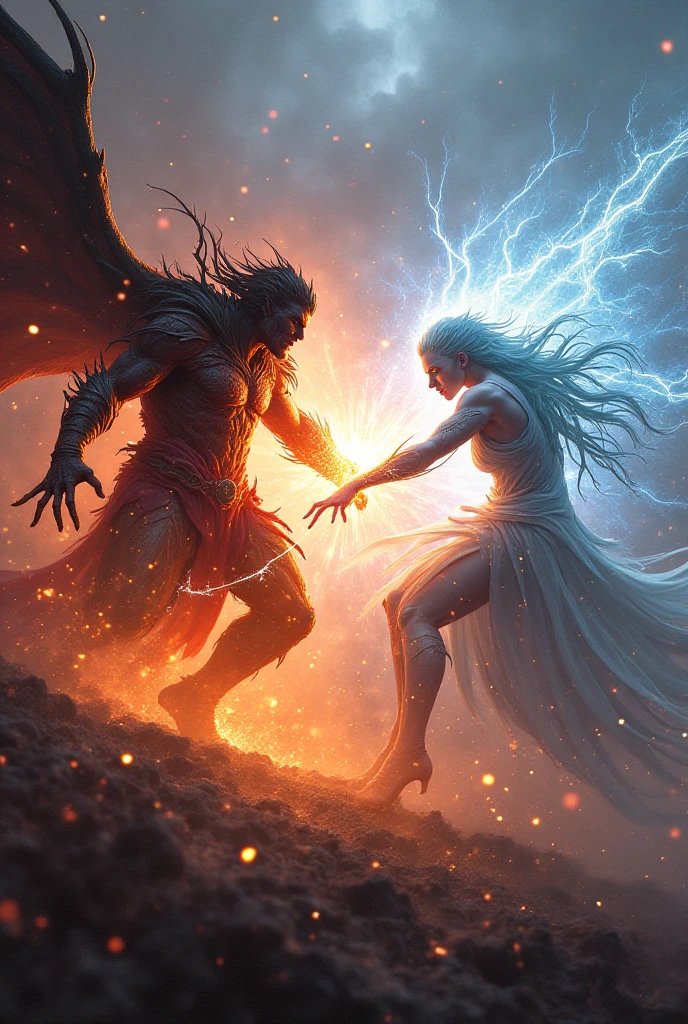 Create an image of four beings fighting