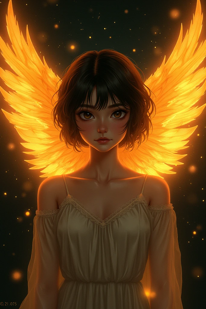 Circle of feathers behind a girl's shoulders with fire lighting from behind