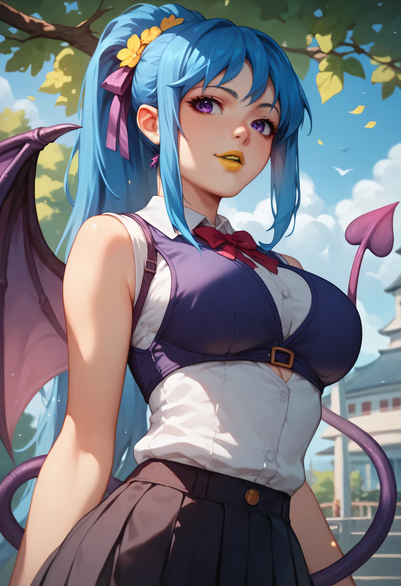 woman, big breasts, yellow lipstick, anime style, blue hair, ponytail hair, white skin, purple eyes, demon wings, school, day, sakura tree, demon tail, Kurumu kurono